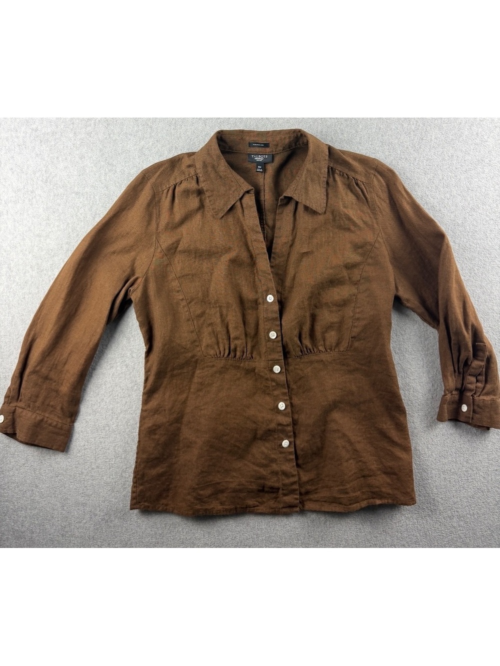Talbots Petites Pure Irish Linen Blouse 10P Brown Button Front Cottagecore